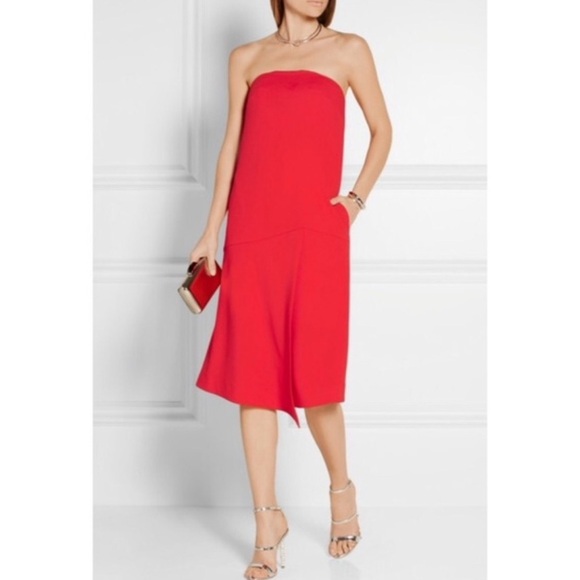 NWT! Tibi Bright Orange-Red Strapless Cocktail Dress w/ Asymmetrical Hem Sz 4 - Picture 1 of 10